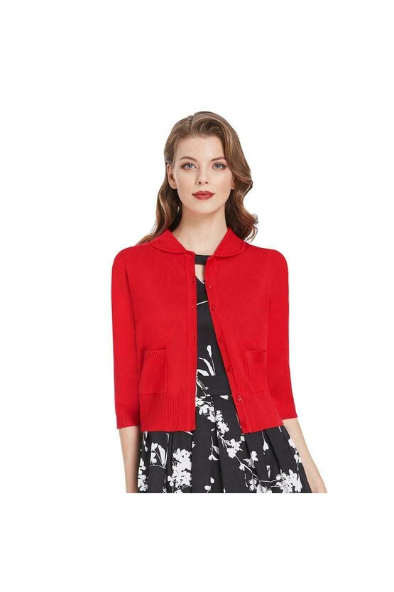 Cardigan rosu cu guler 5978