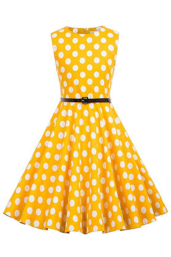 Rochie Ioana galbena cu buline albe 5924
