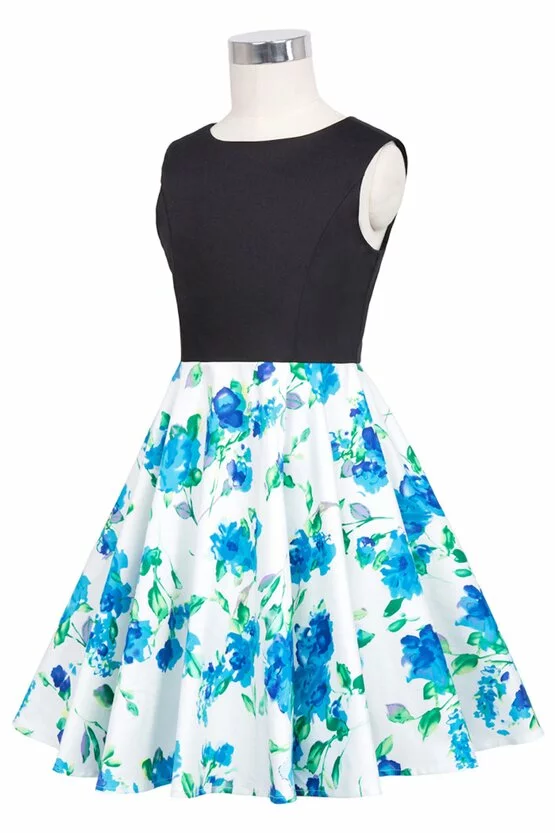 Rochie Karina alba cu flori verzi-albastre 5141