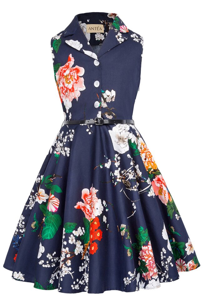 Rochie Mirabela albastra cu flori multicolore