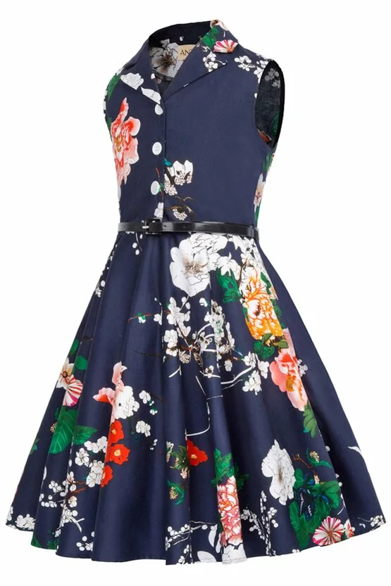 Rochie Mirabela albastra cu flori multicolore 5882