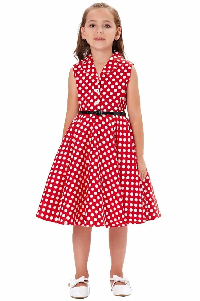 Rochie Mirabela rosie cu buline albe