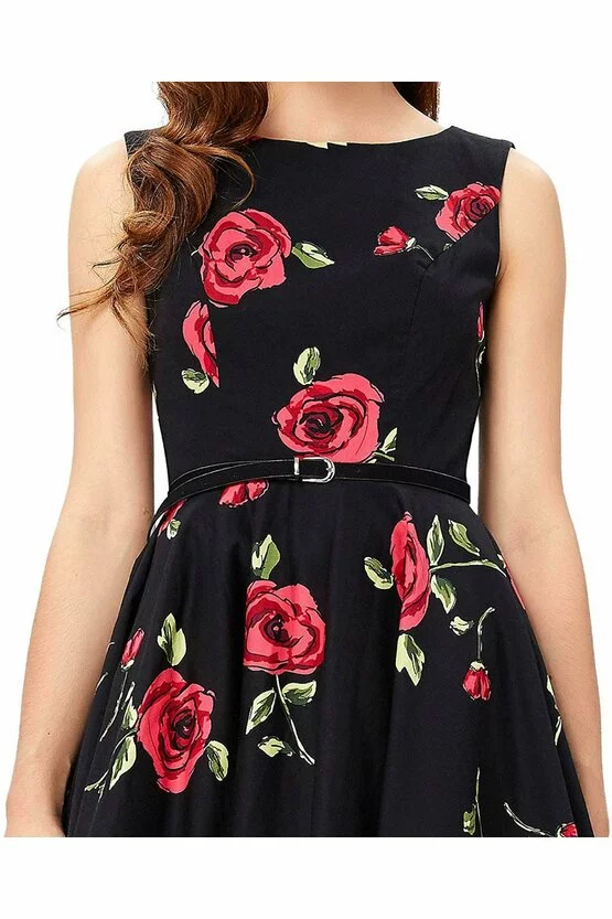 Rochie retro Margareta neagra cu trandafiri 3989