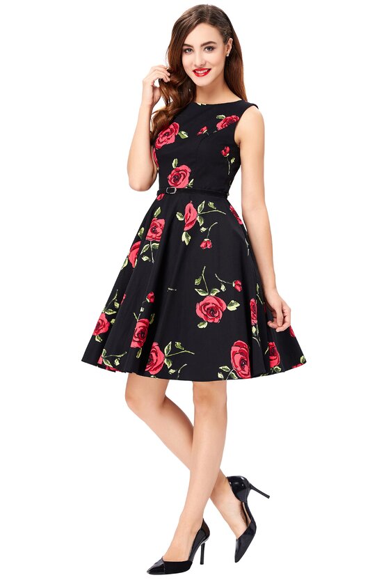 Rochie retro Margareta neagra cu trandafiri 3995