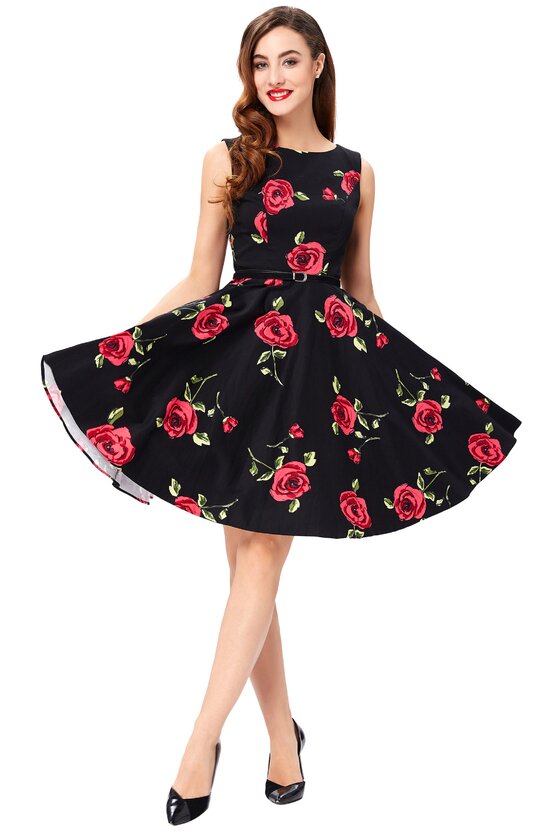 Rochie retro Margareta neagra cu trandafiri 4010