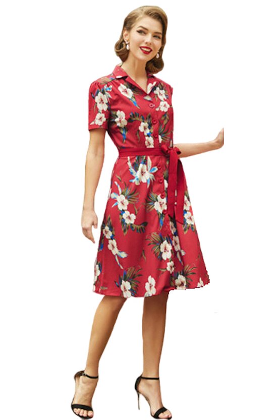 Rochie retro Tina floral-rosu 3794
