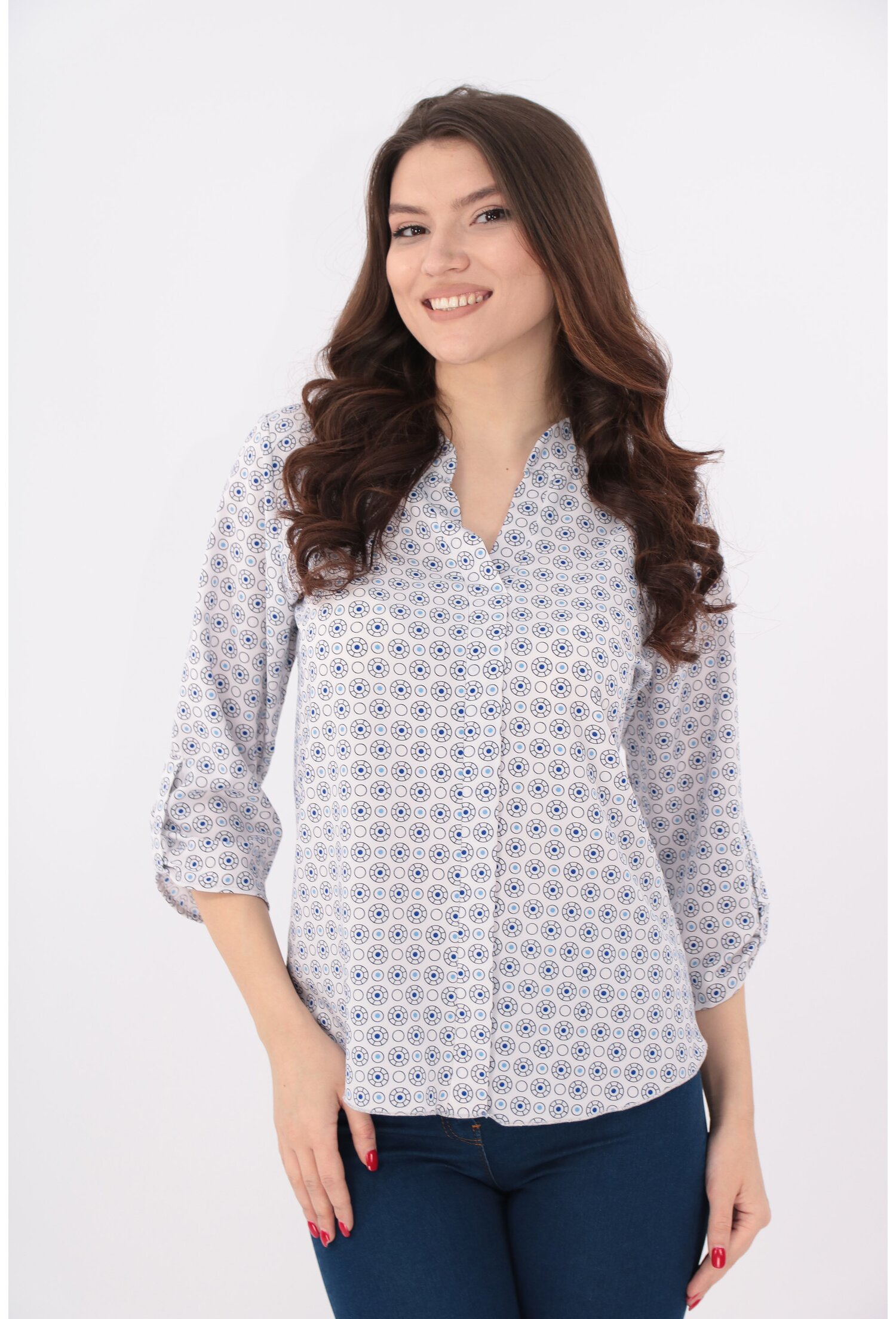 Bluza alba cu buline albastre si guler tunica