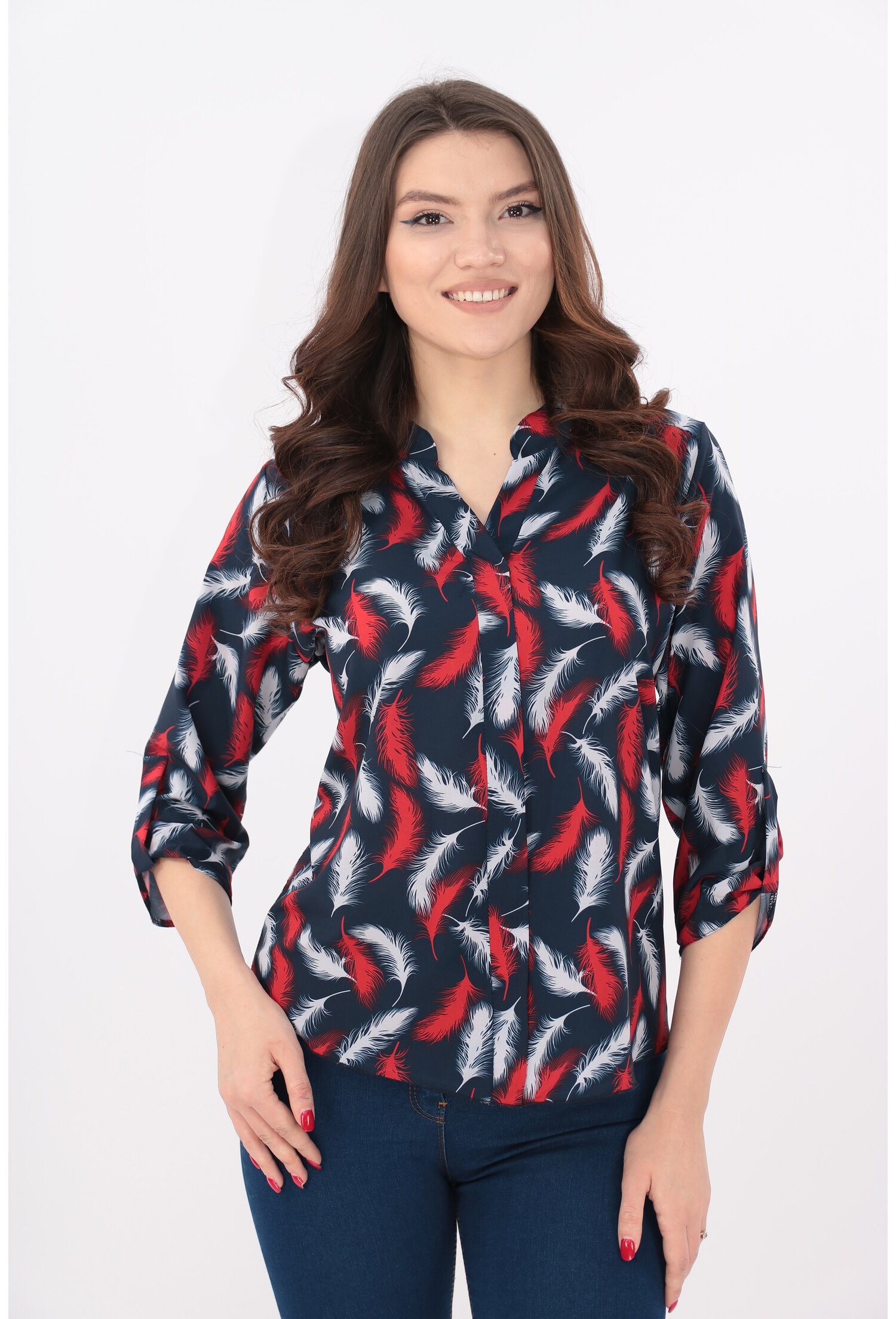 Bluza bleumarin cu pene rosii si guler tunica