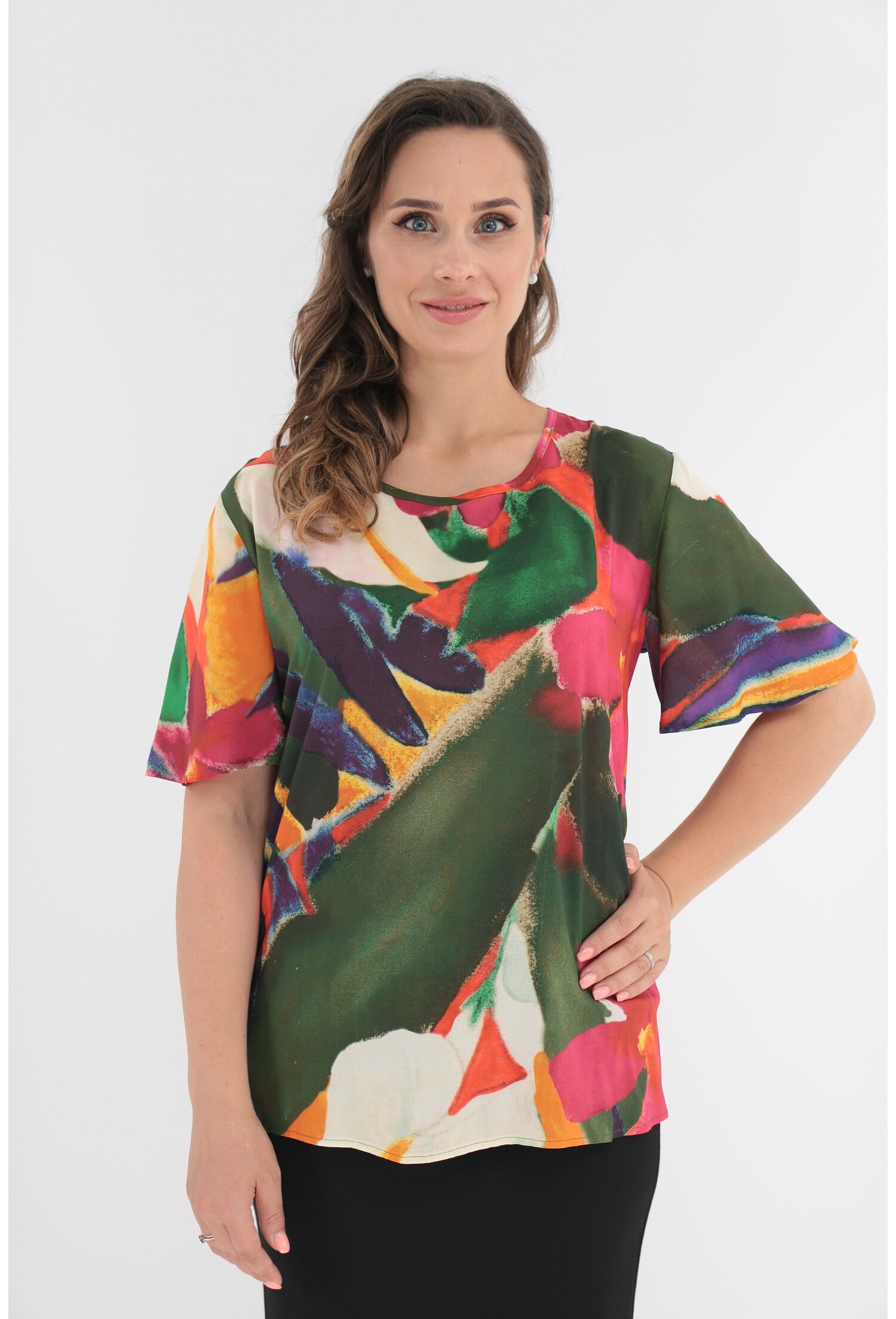 Bluza din vascoza cu print abstract multicolor