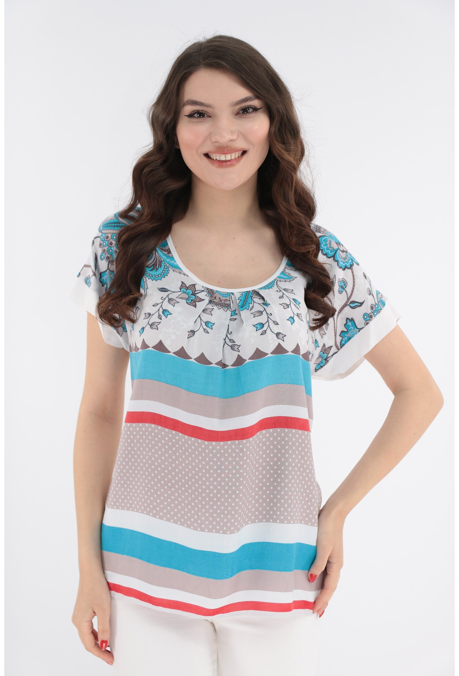 Bluza lejera alba din bumbac cu imprimeu floral bleu