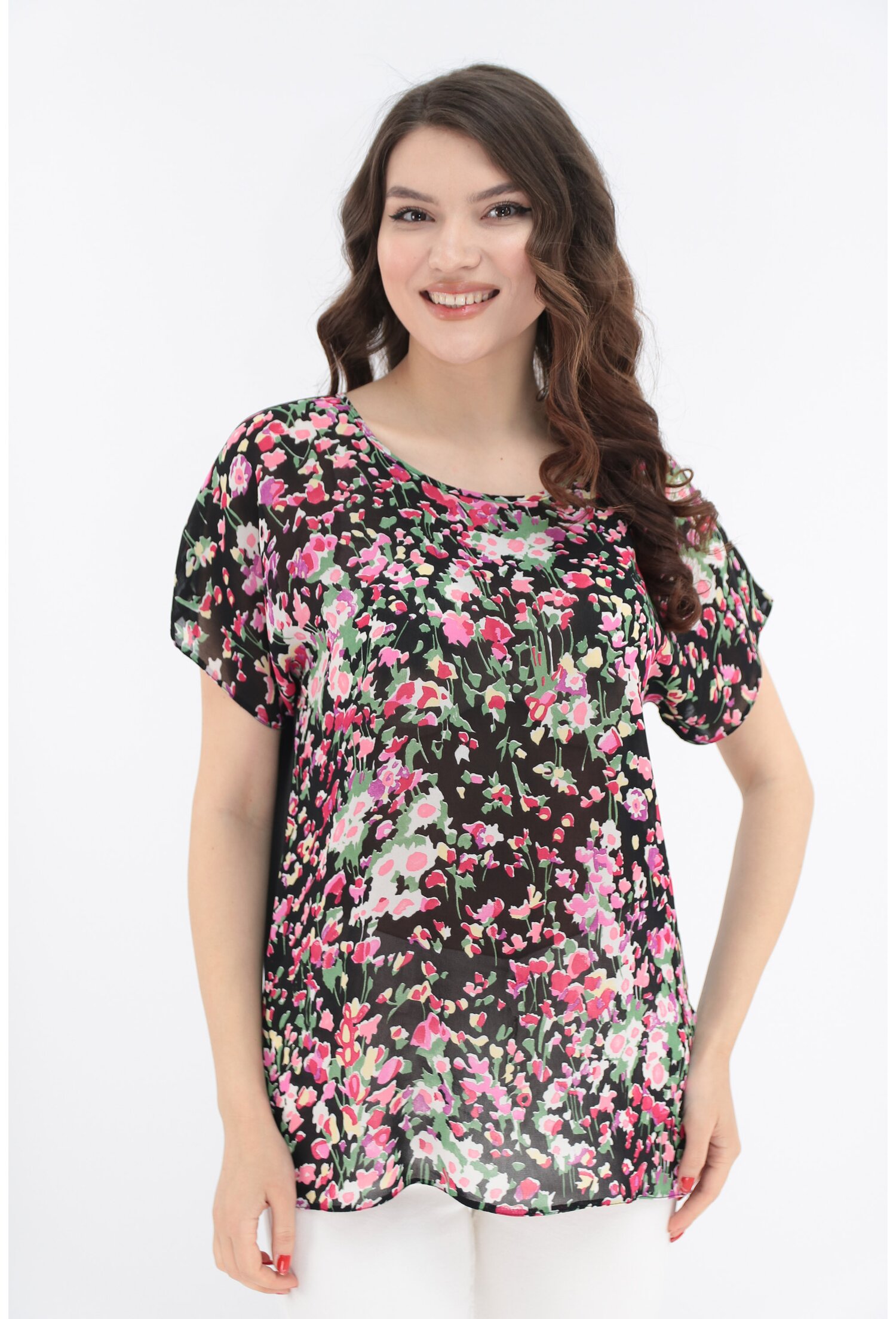 Bluza neagra cu imprimeu floral multicolor