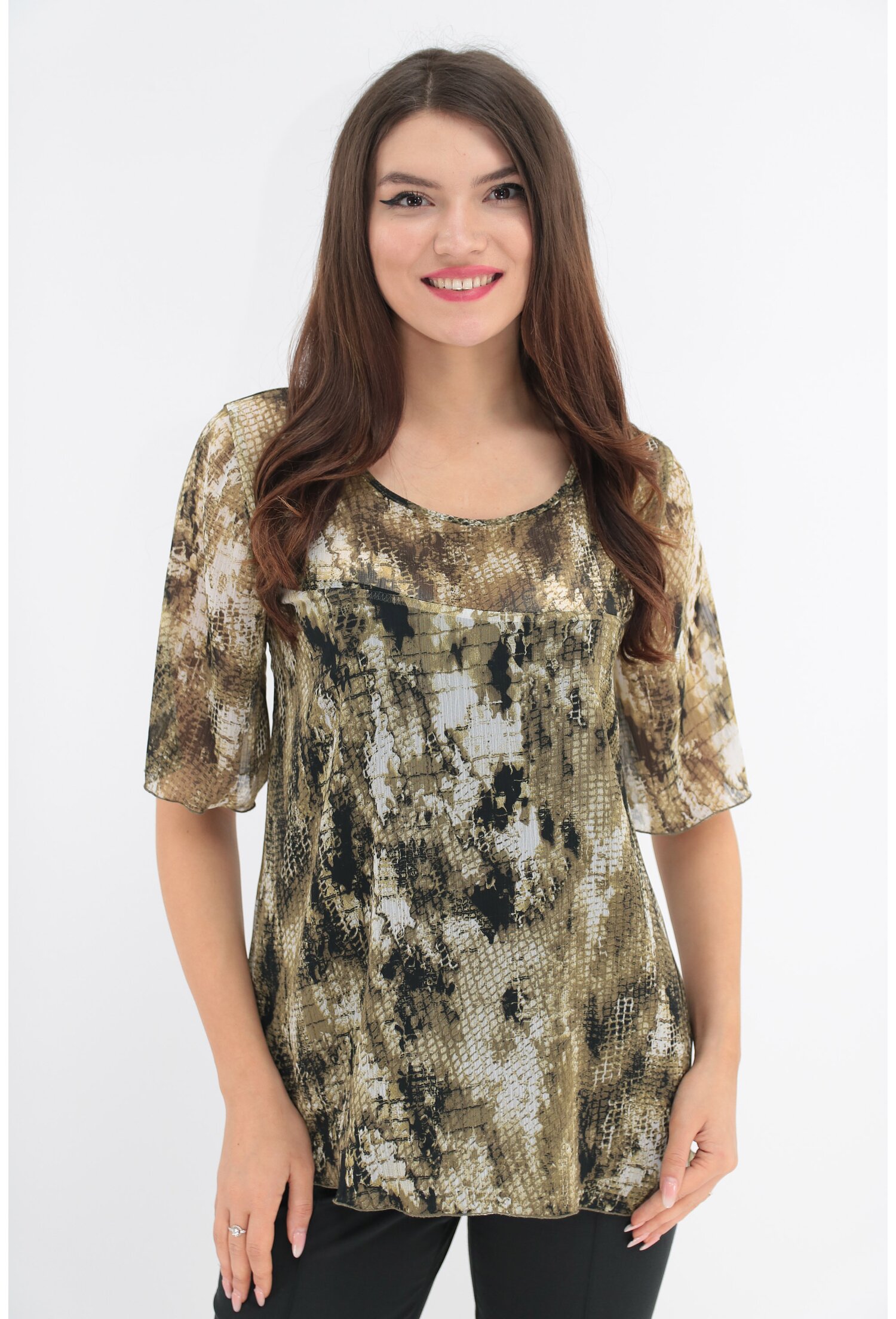 Bluza olive din voal cu imprimeu abstract