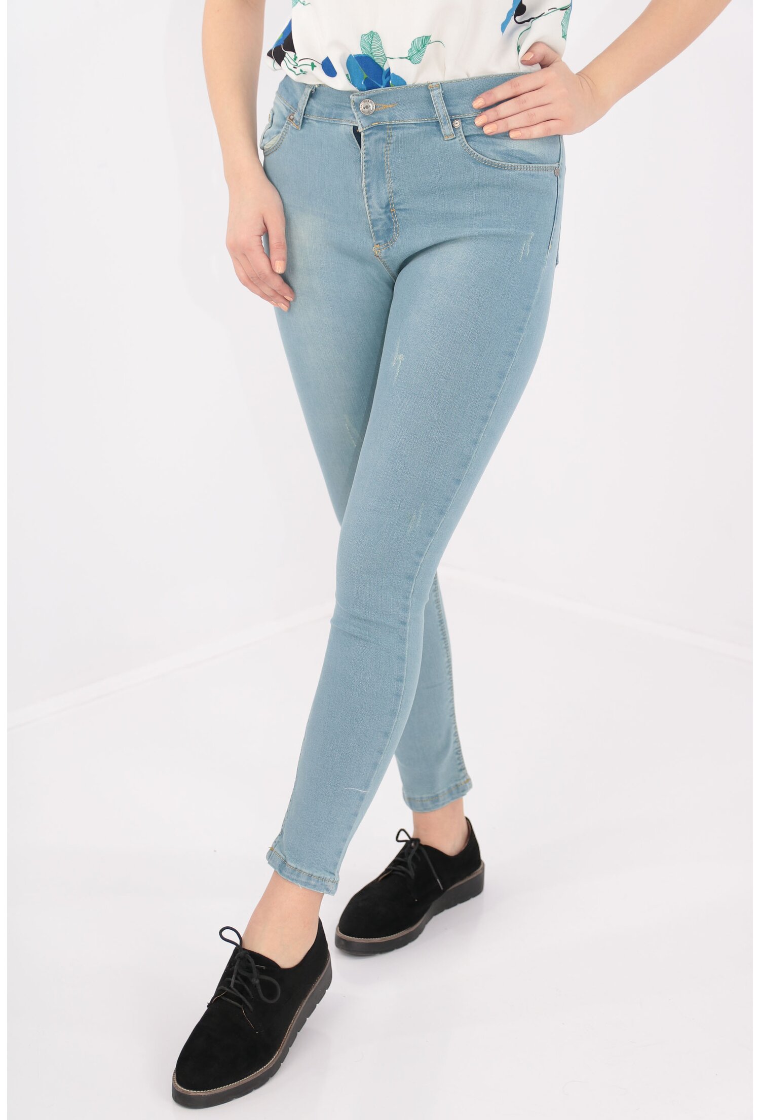 Jeans bleu skinny fit cu talie inalta