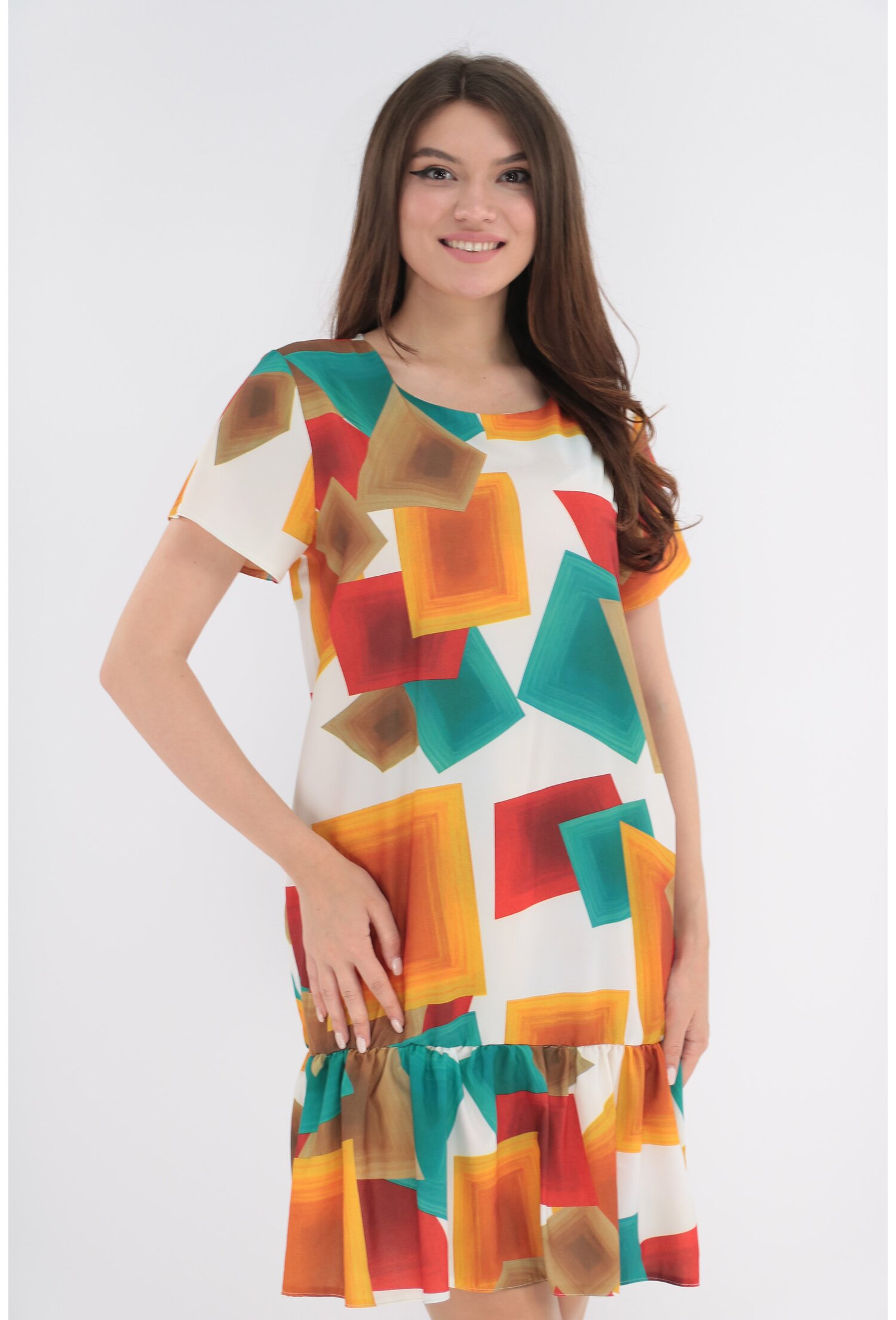 Rochie alba cu patrate maxi multicolore