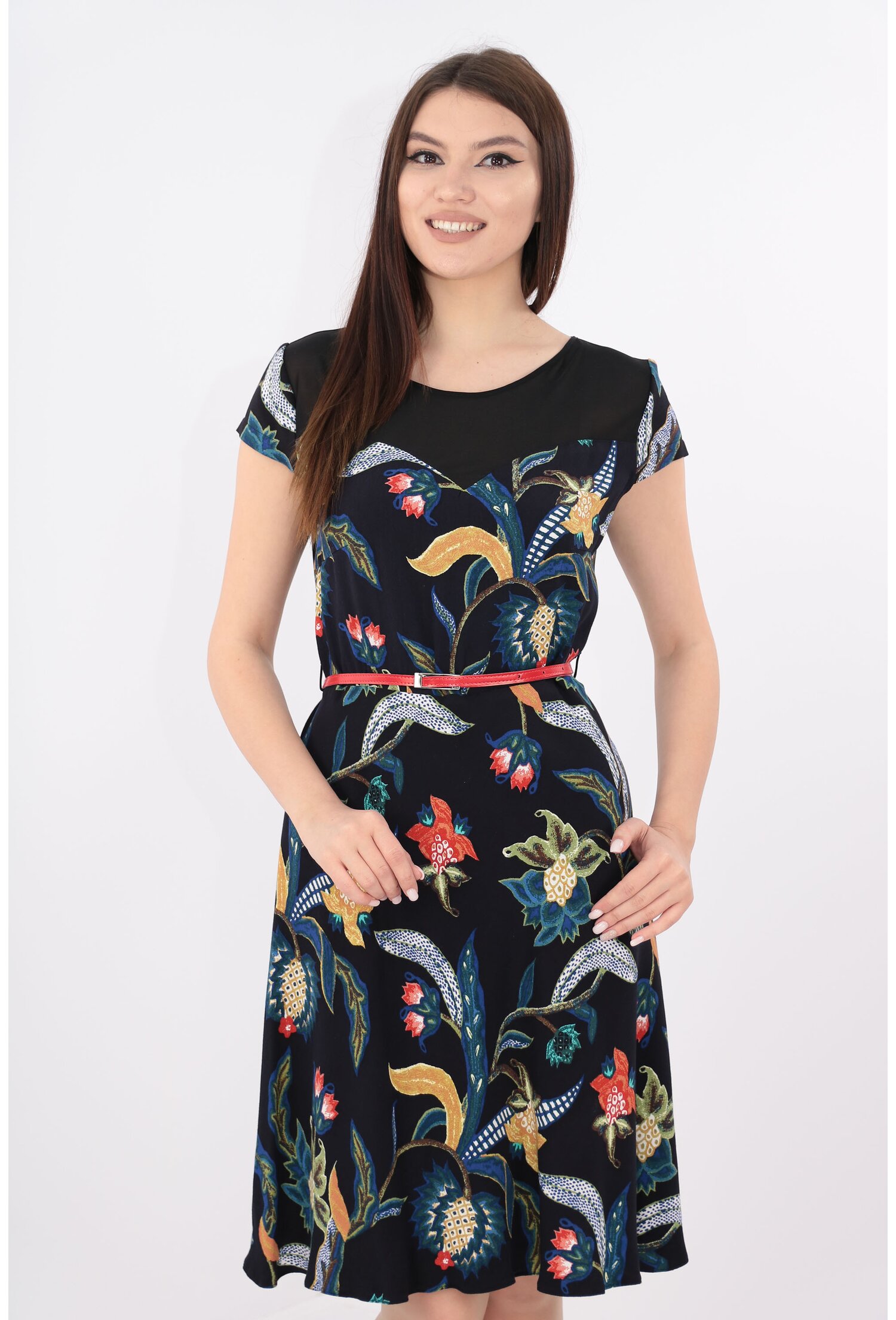 Rochie bleumarin cu print floral multicolor