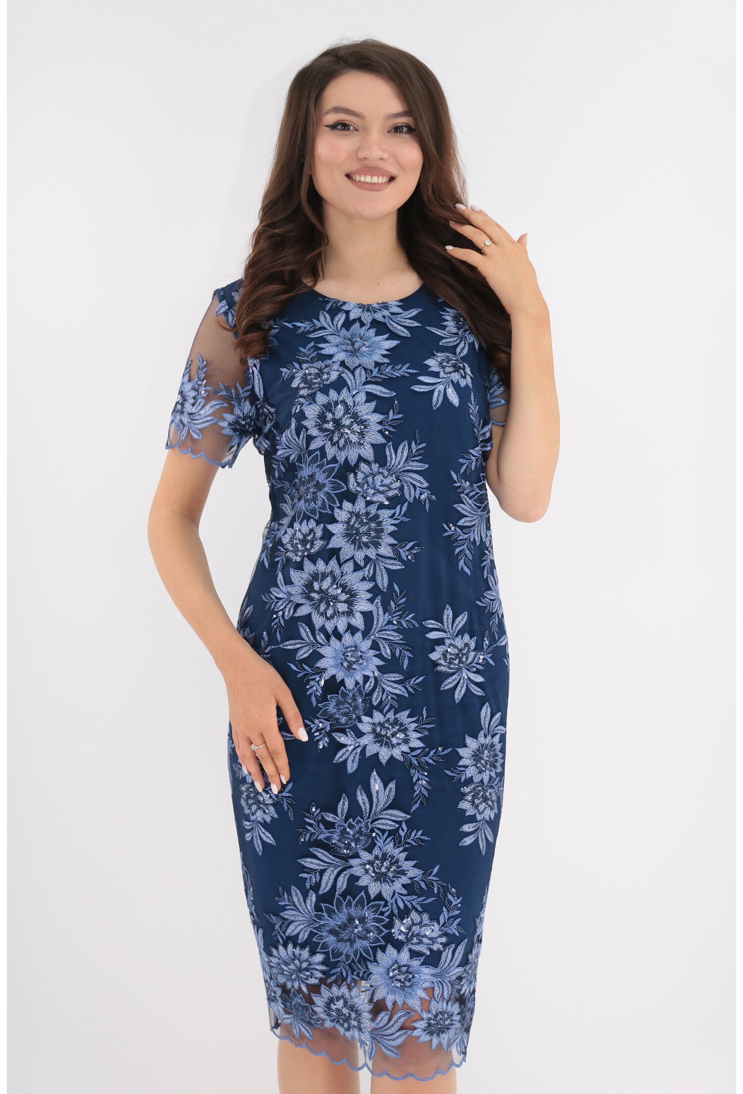 Rochie de ocazie bleumarin cu broderie florala 3d