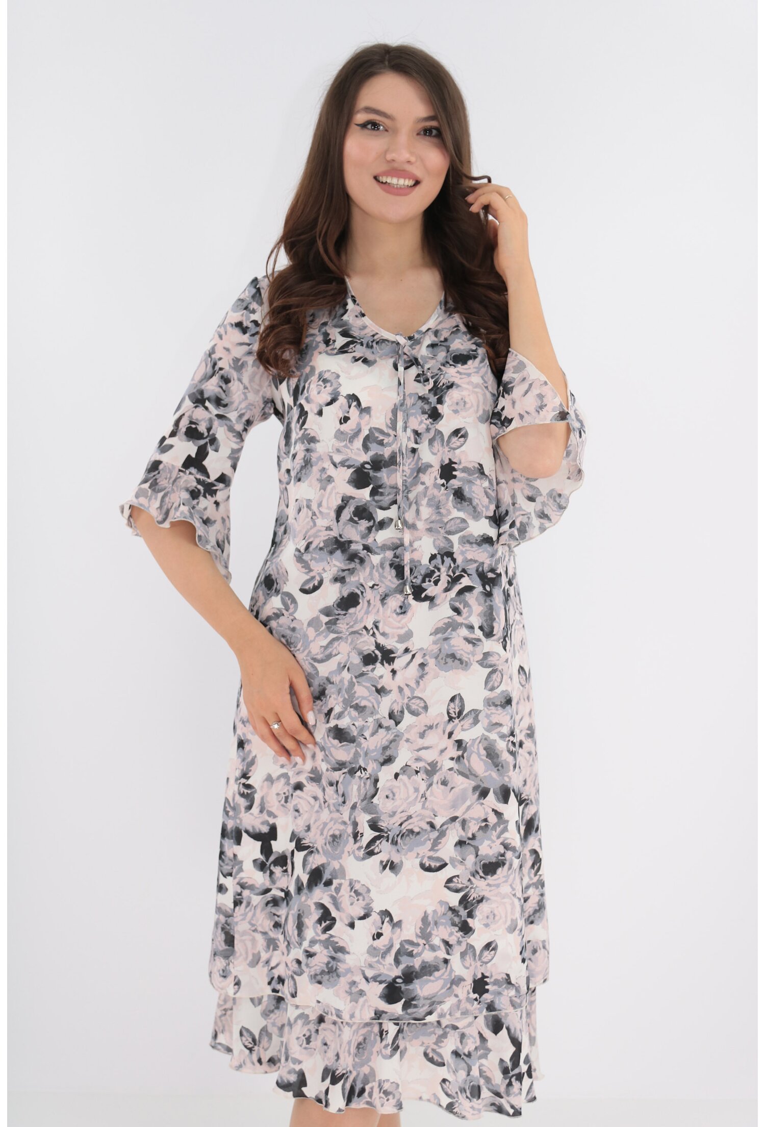 Rochie diafana din voal alb cu print floral roz