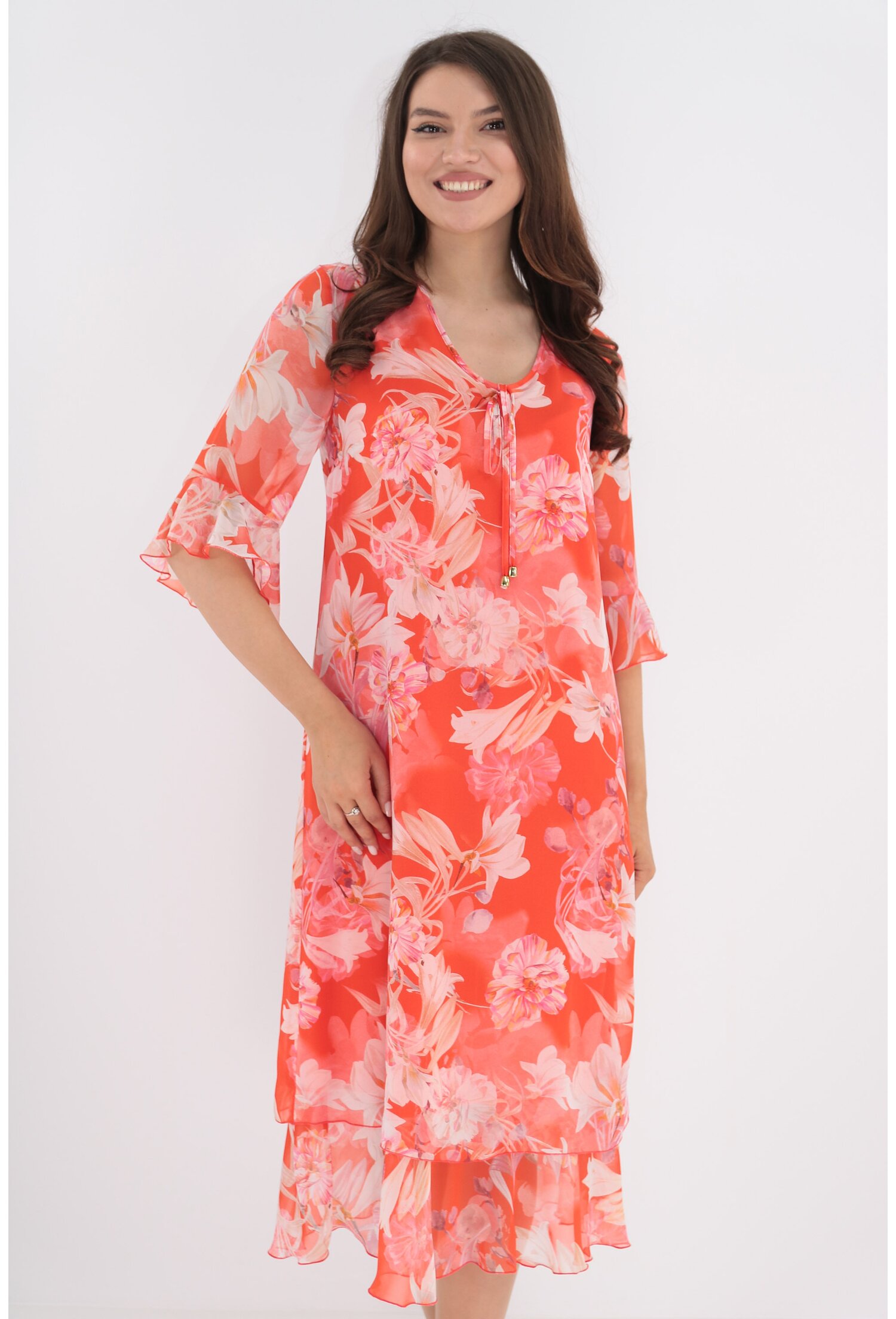 Rochie diafana din voal corai cu print floral roz