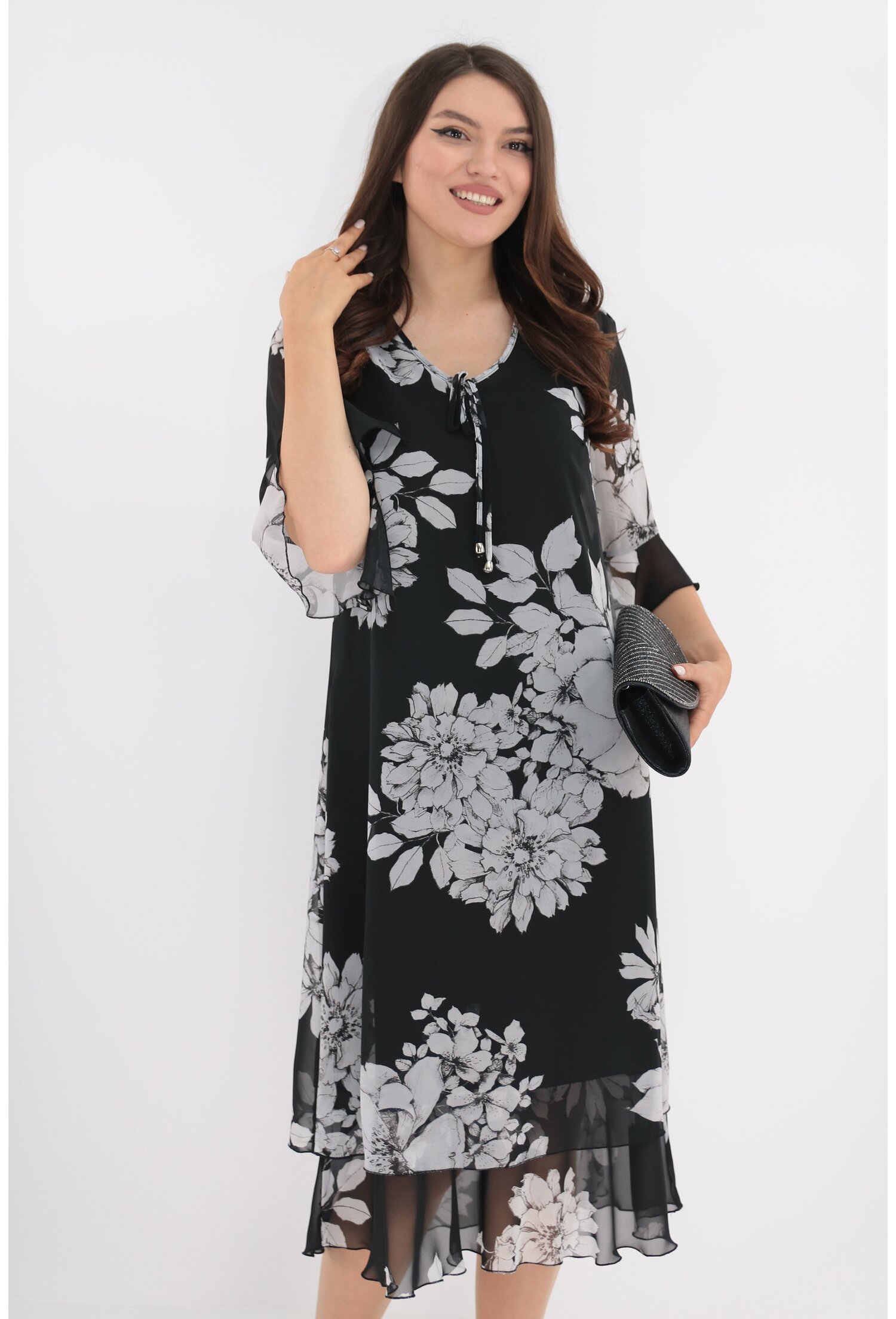 Rochie diafana din voal cu print floral negru-alb