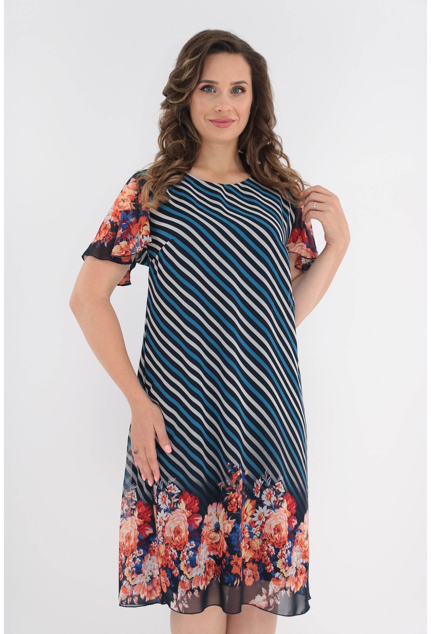 Rochie din voal bleumarin cu diagonale multicolore si bordura florala