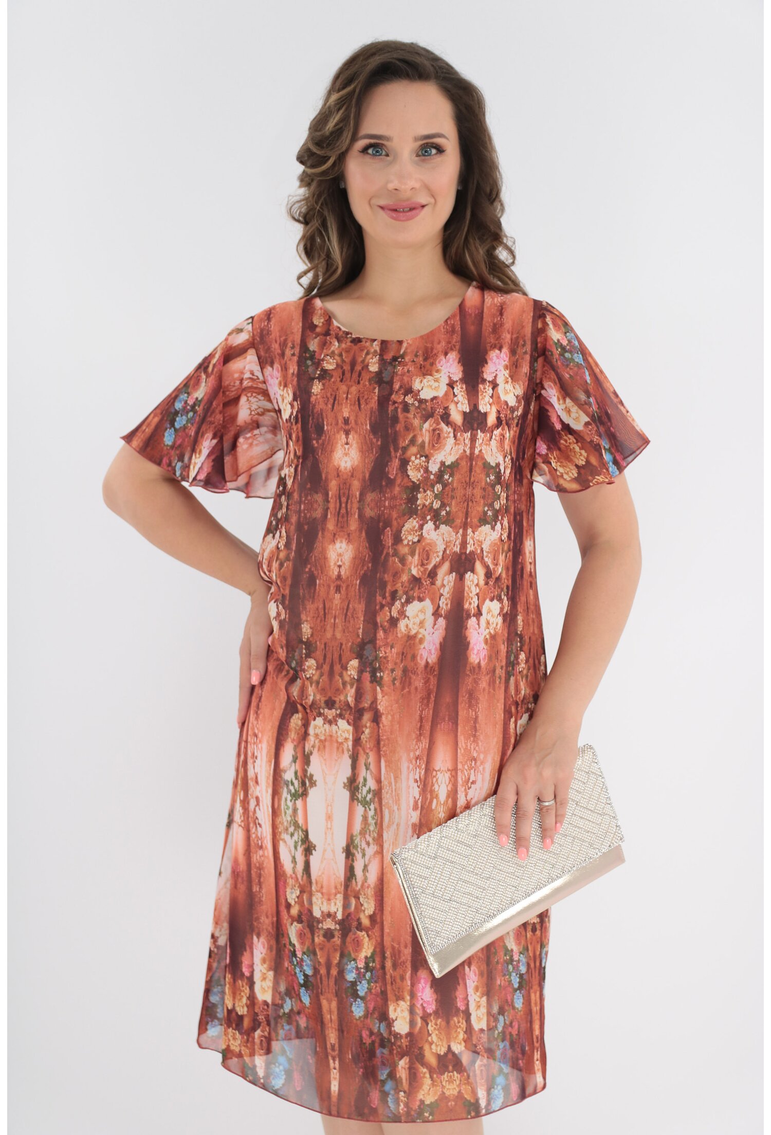 Rochie din voal caramiziu cu print floral