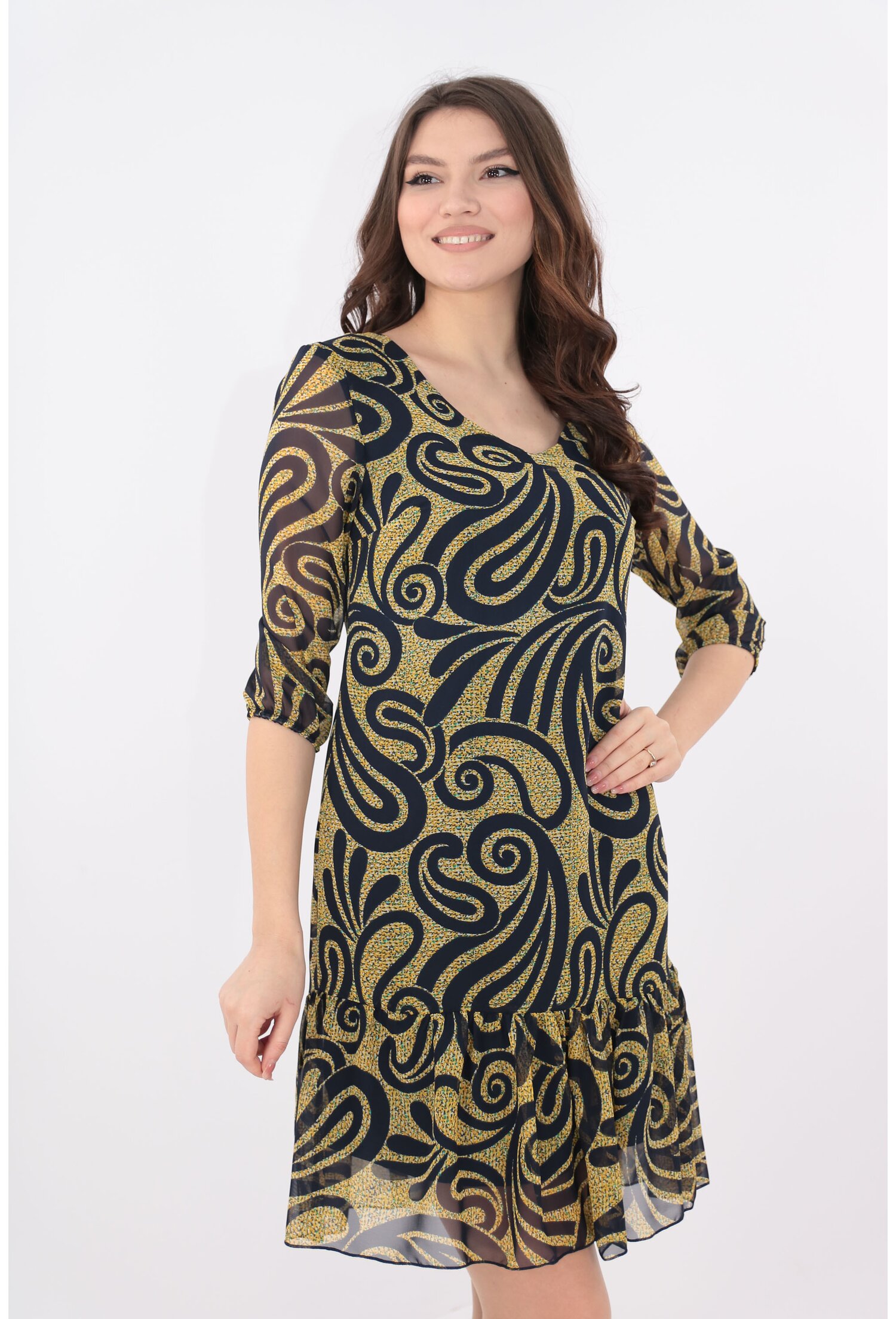 Rochie din voal cu print abstract bleumarin-galben