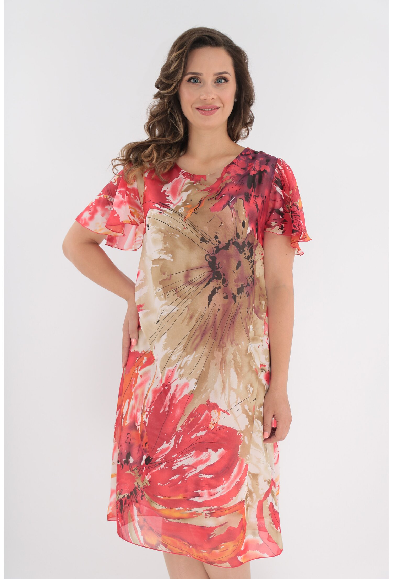 Rochie din voal cu print abstract rosu-bej