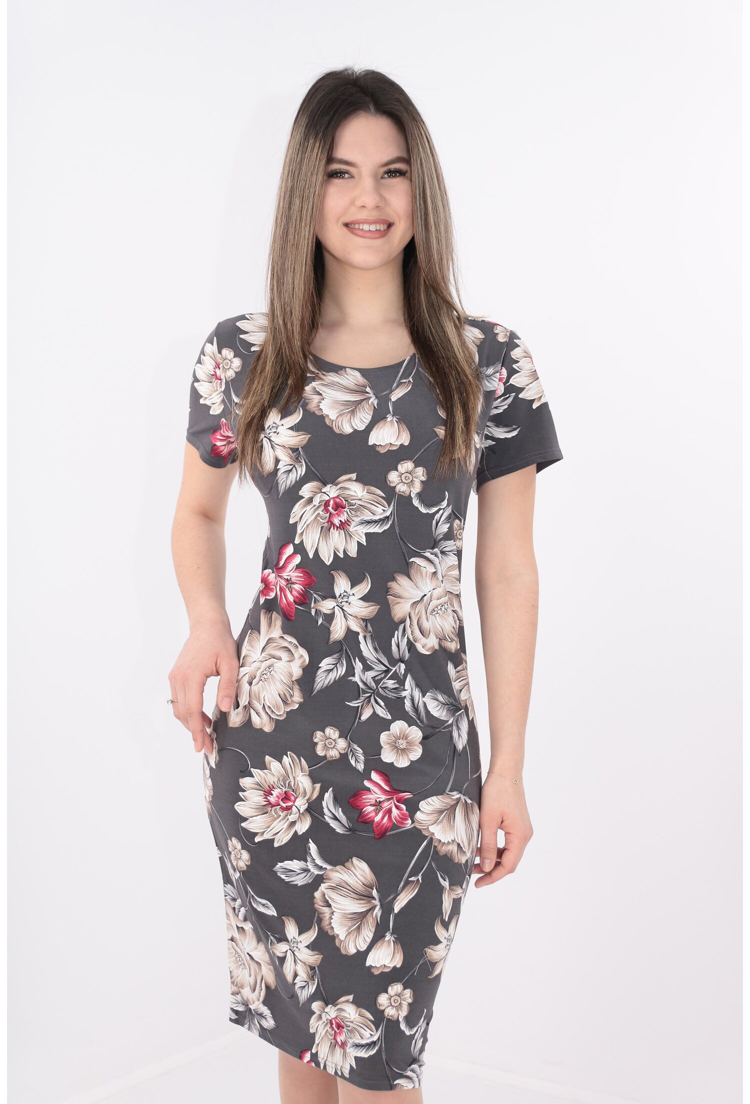 Rochie dreapta antracit cu print floral rosu-crem