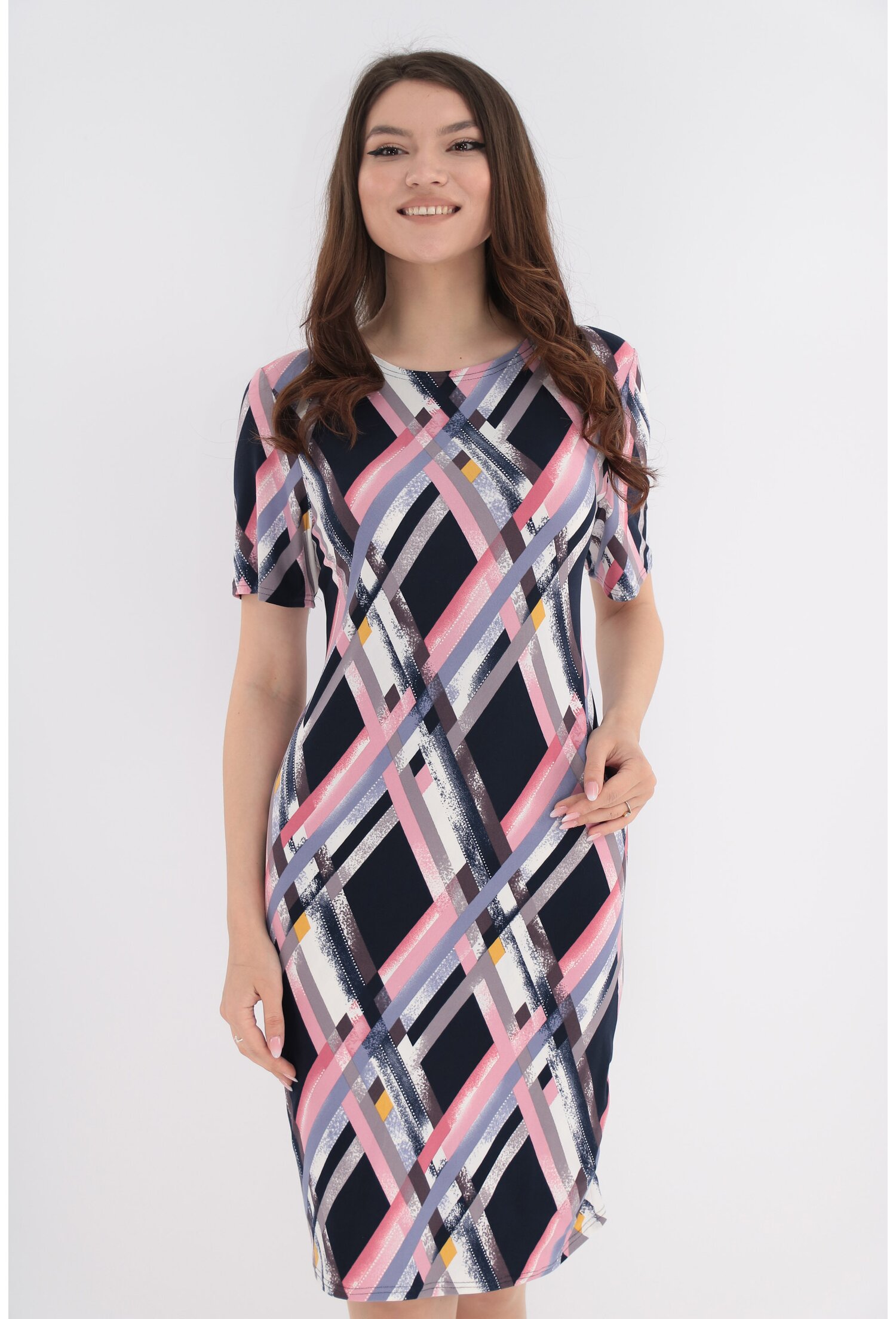 Rochie dreapta bleumarin cu carouri roz-gri