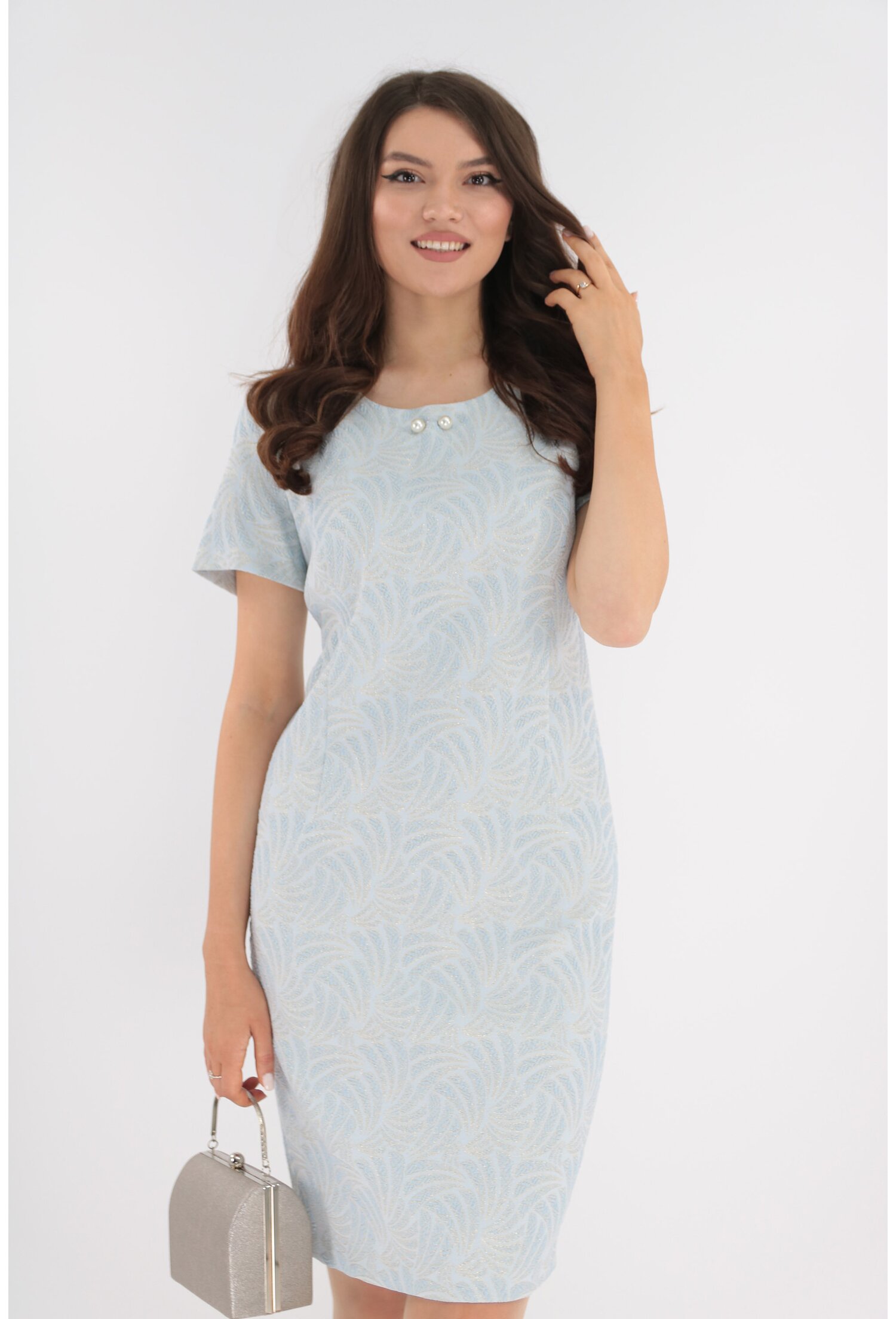 Rochie eleganta bleu cu model 3d si fir auriu
