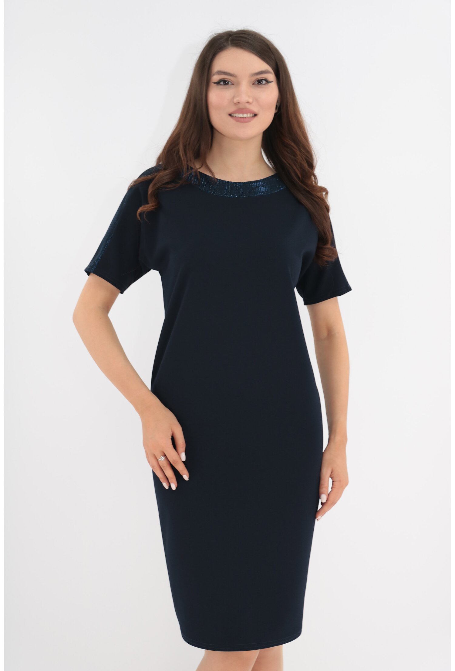Rochie eleganta bleumarin cu banda decorativa cu sclipici