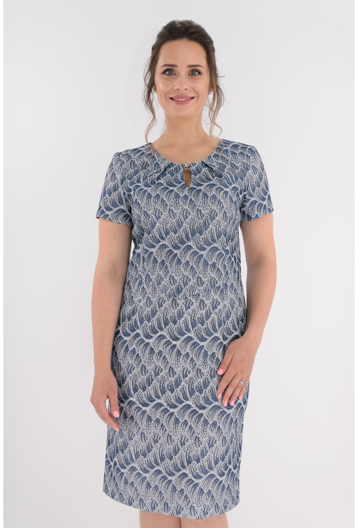 Rochie eleganta din brocard argintiu cu insertii albastre