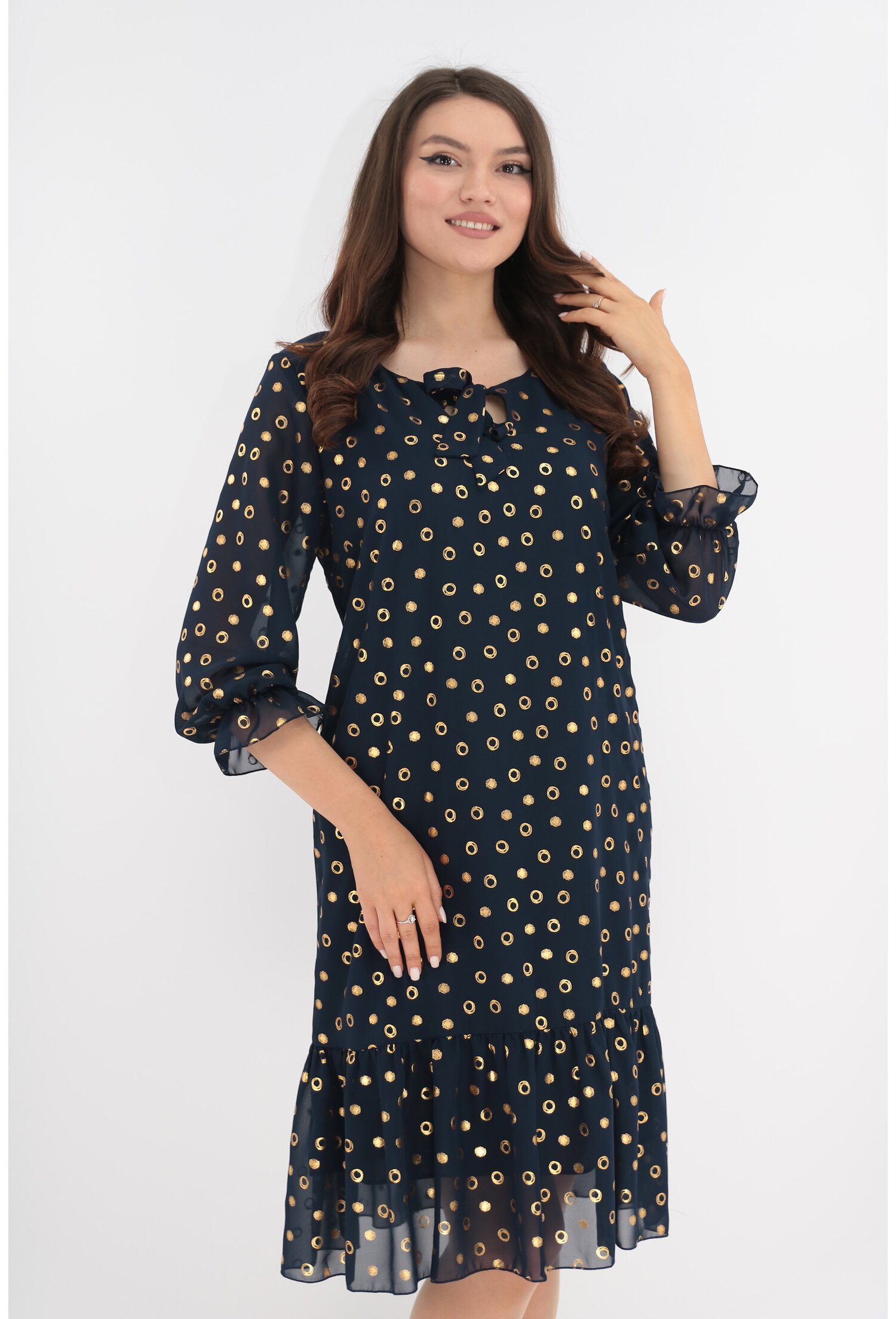 Rochie eleganta din voal bleumarin cu buline aurii