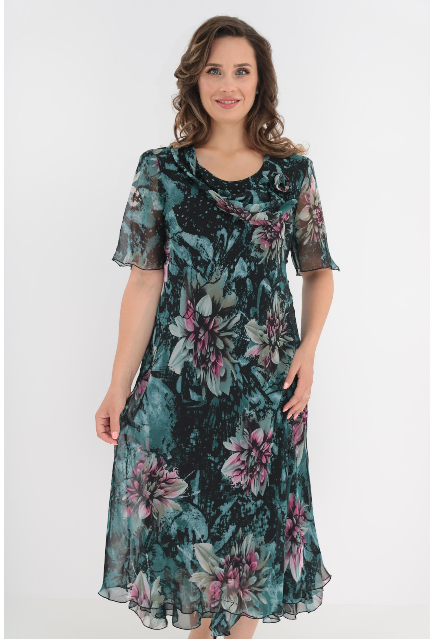 Rochie eleganta din voal turcoaz cu flori maxi