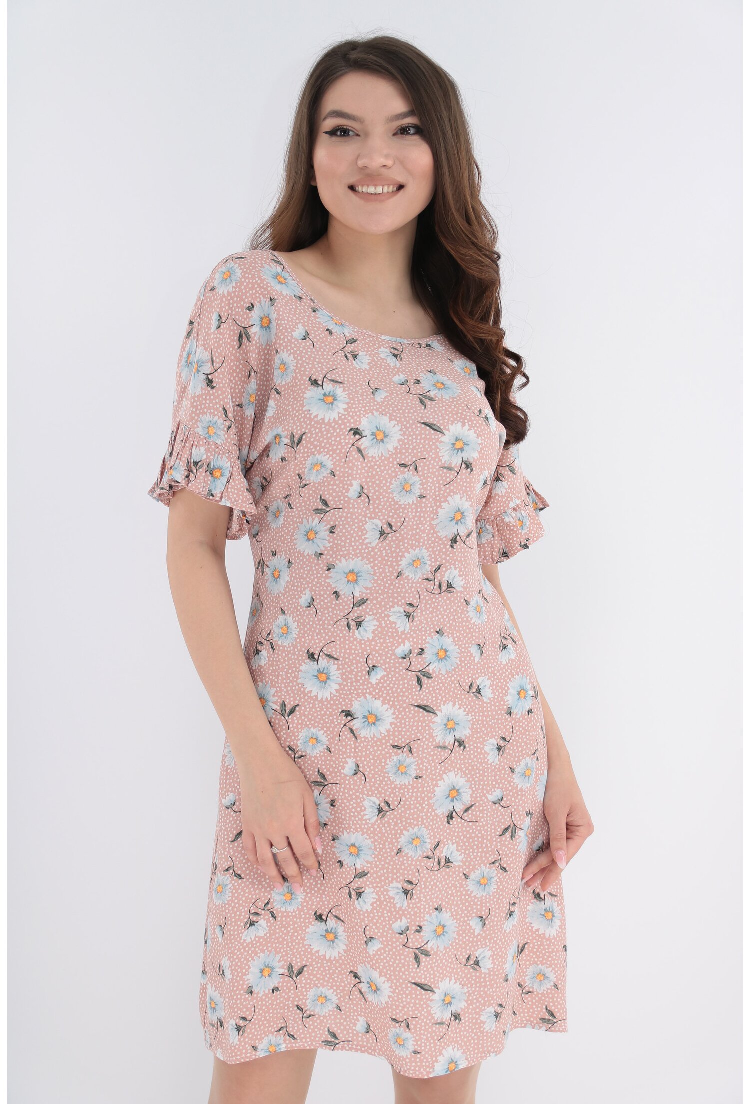 Rochie lejera din vascoza bej cu imprimeu floral