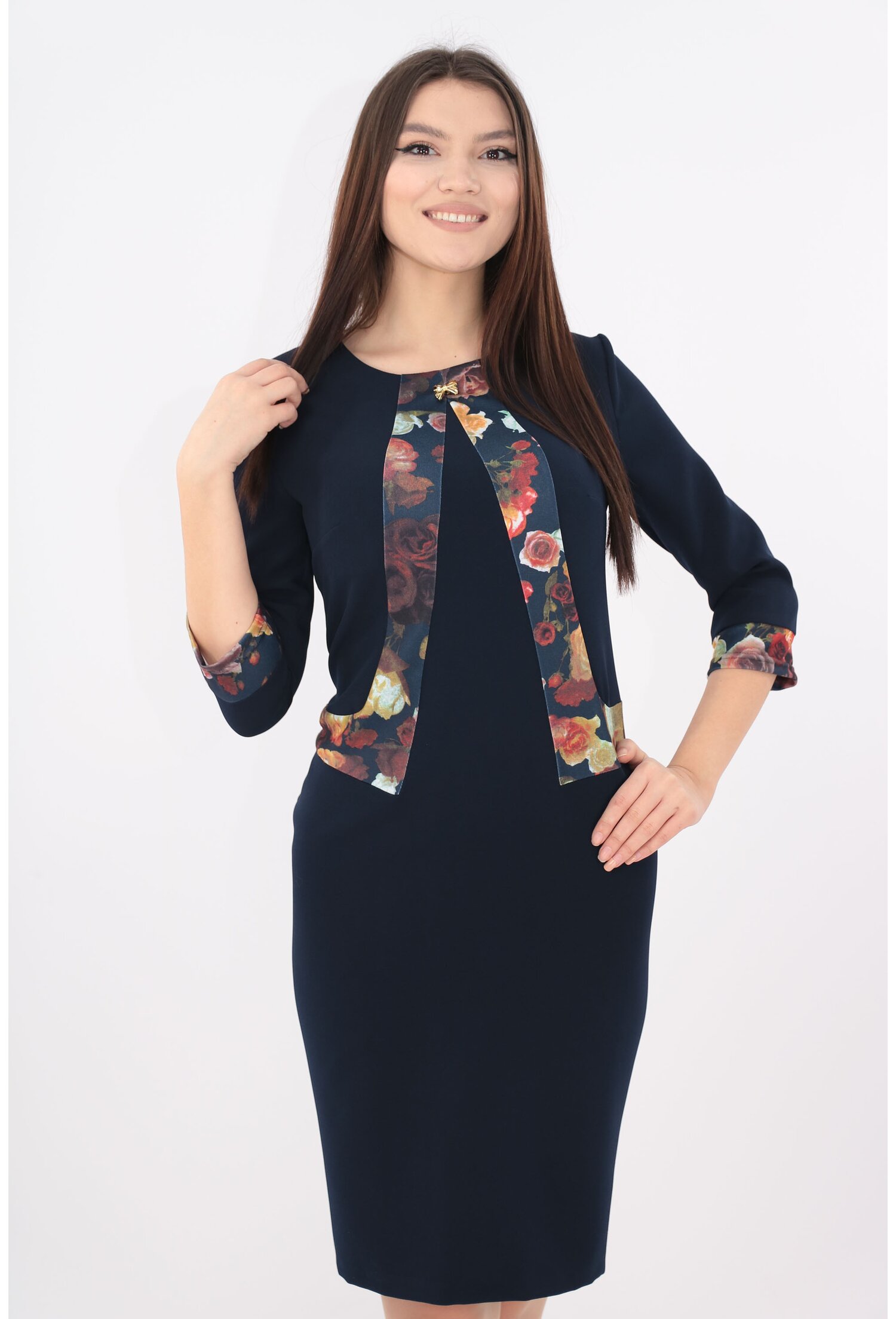 Rochie office bleumarin cu garnitura print floral