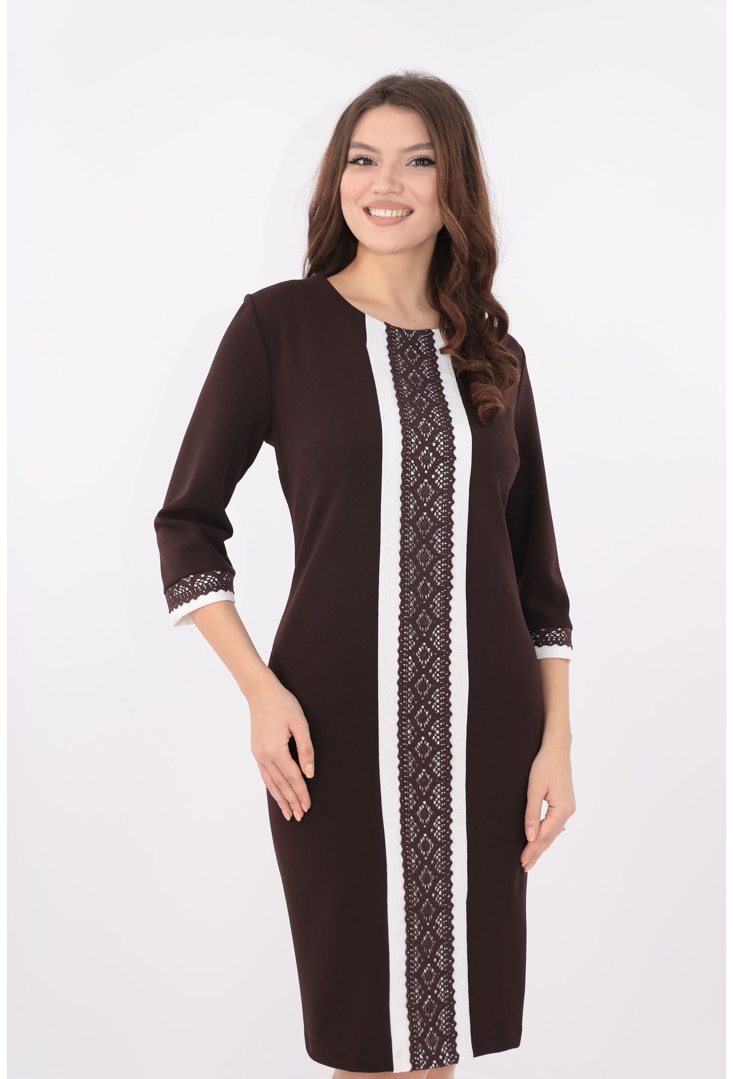 Rochie office maro cu brocard alb si dantela maro