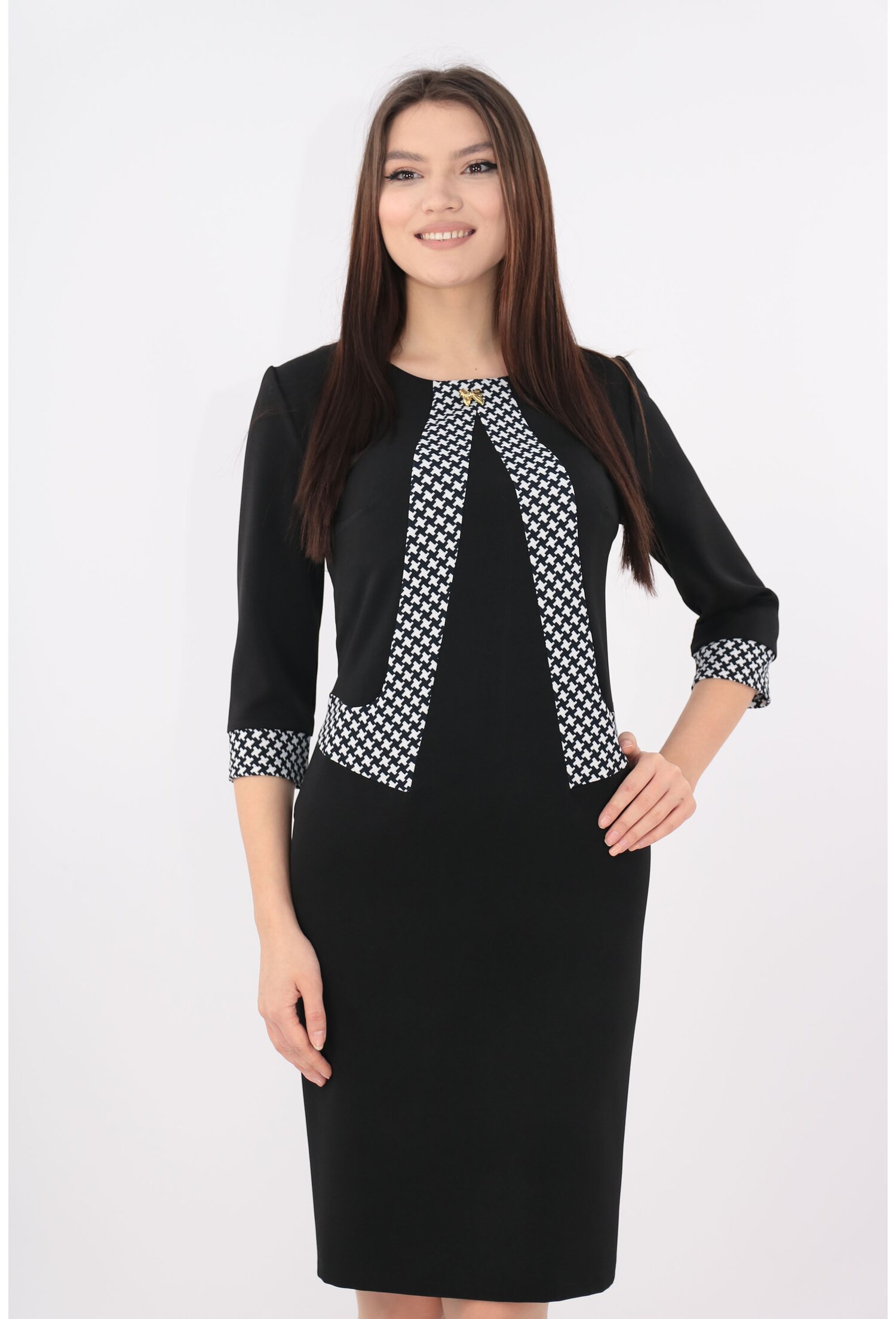 Rochie office neagra cu garnitura model geometric