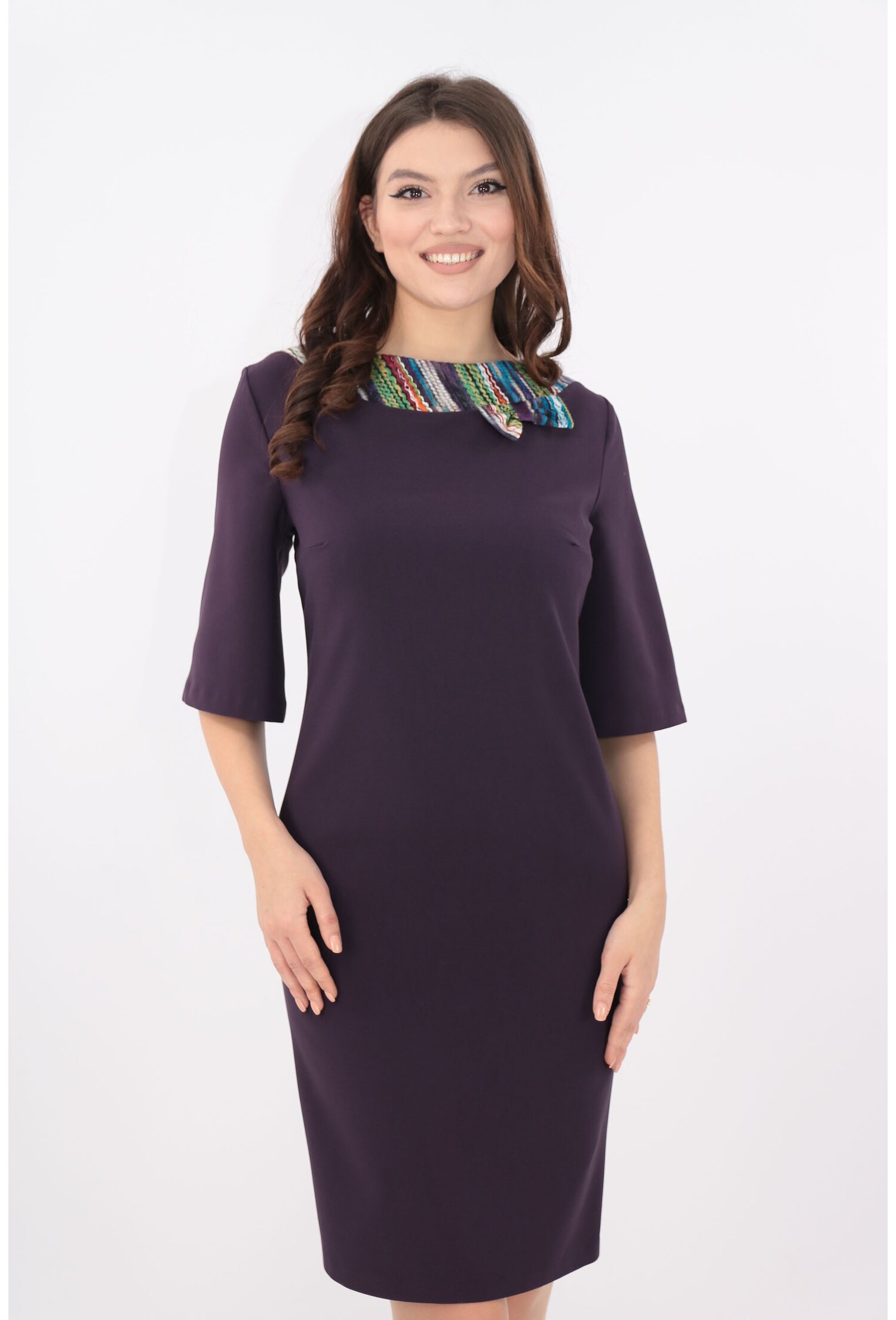 Rochie office violet cu garnituri multicolore