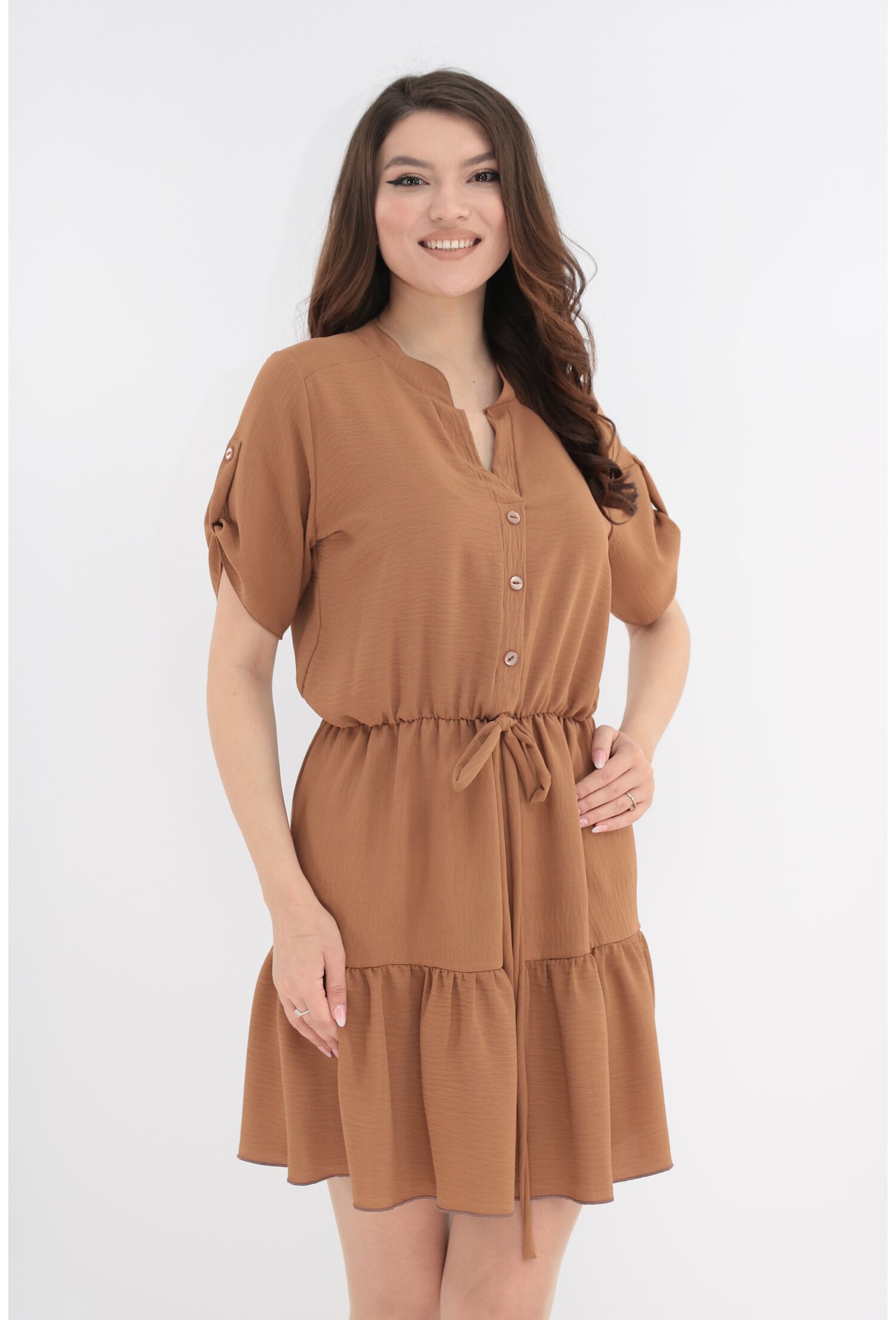 Rochie uni camel cu volane