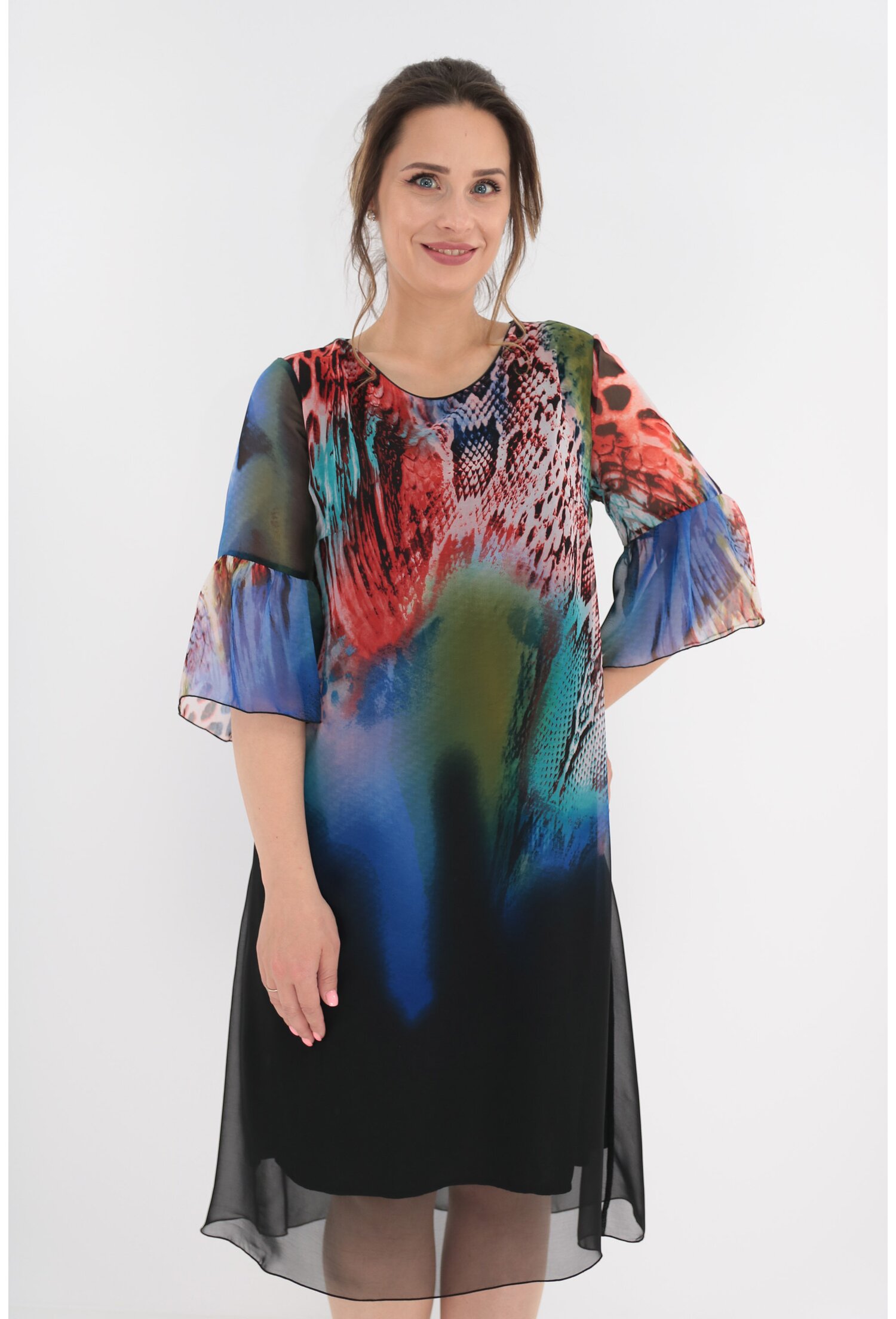 Rochie vaporoasa din voal cu desen bordurat animal print albastru