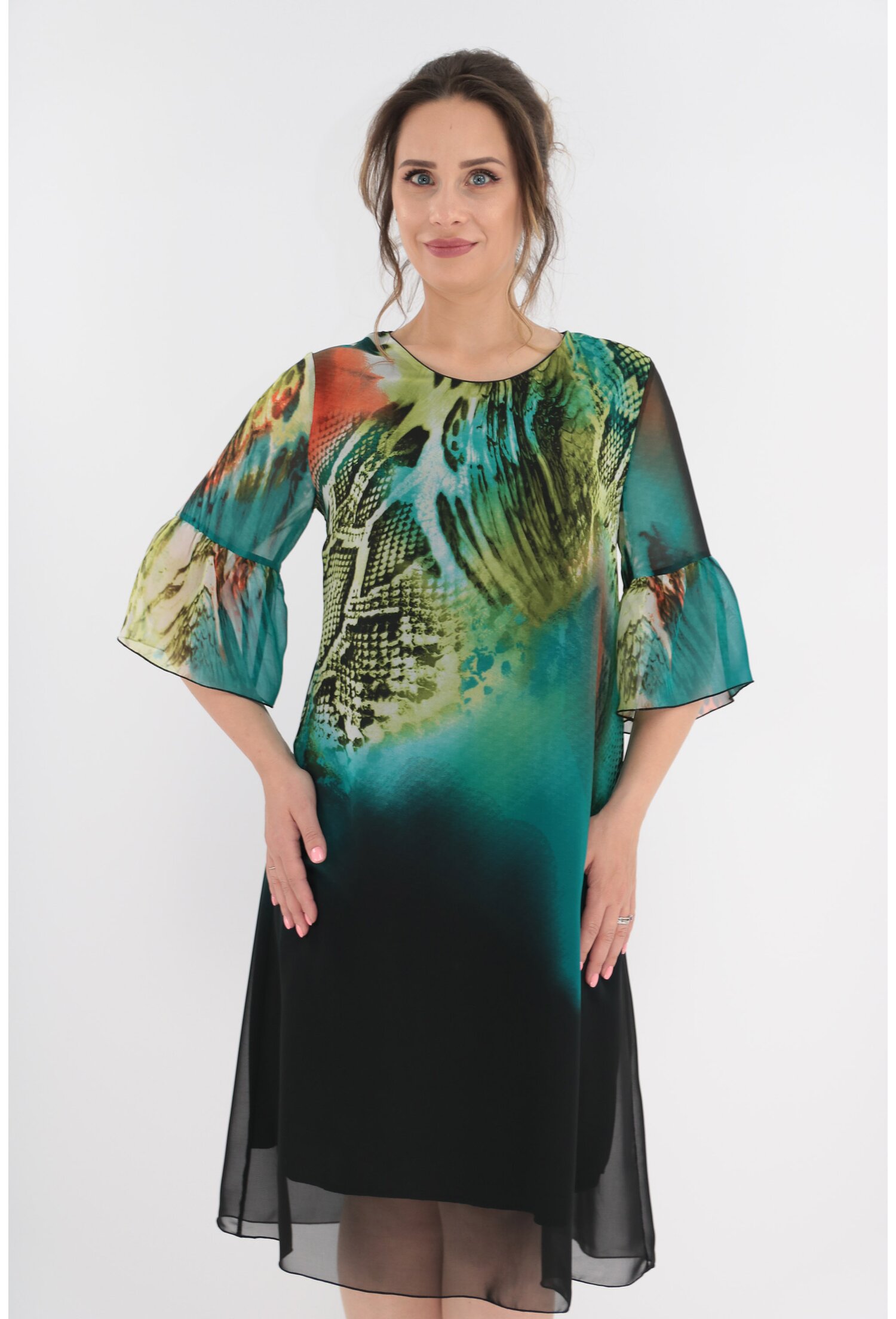 Rochie vaporoasa din voal cu desen bordurat animal print verde