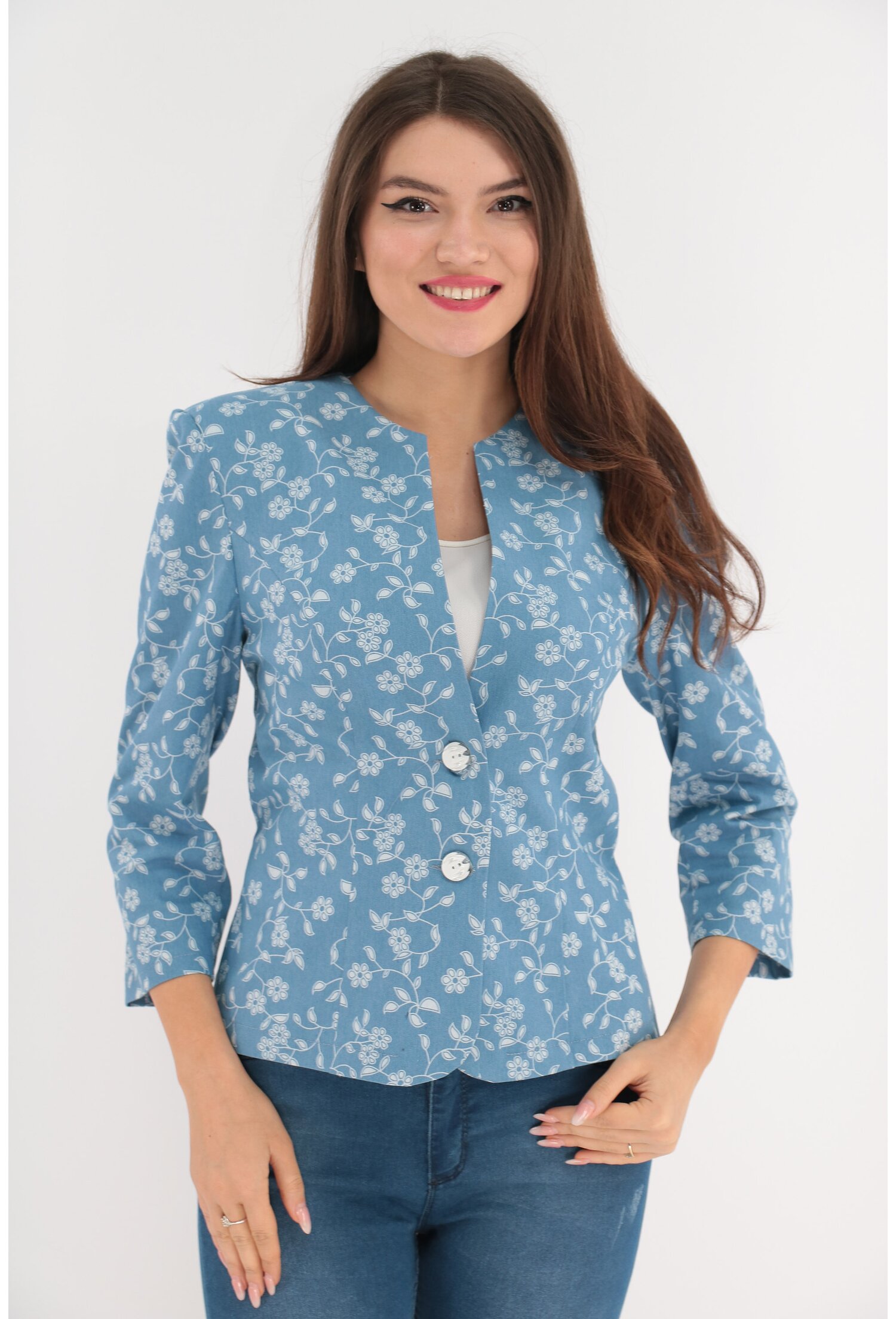 Sacou bleu cu print floral ivory